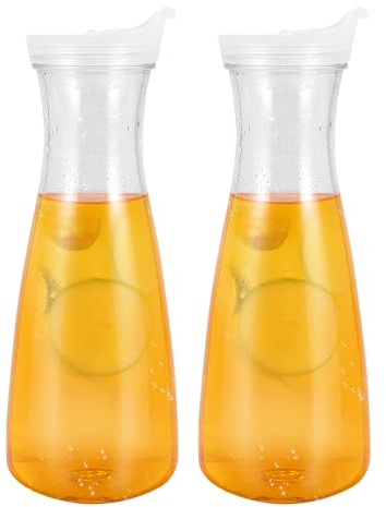 Juwacoo 2 stycken 1 l vattenkaraff plast med lock, karaff 1 l vattenkanna med hällpip, juicekanna iste kanna, återanvändbar vattenflaska för vatten mjö te juice drycker vin
