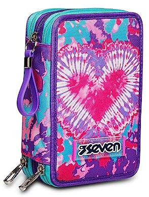 Seven Federmäppchen, Mäppchen, mehrfarbig, Federtasche für Schreibwaren, Etui mit Stiften, Kugelschreiber, & mehr, 3 Fächer, Mädchen & Jungen, Schule - Grundschule, XXL, TRENDY HEART GIRL