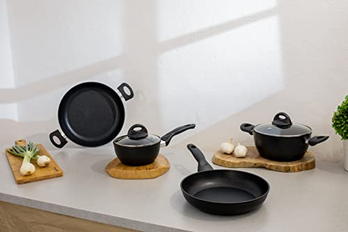 Barazzoni Spa, Dolomitica Extra Black Batteria 7pz composta da Casseruola ø20 e ø24cm, Casseruola 1m ø16cm, Padella ø20cm e ø24cm, Coperchio ø20 e ø24cm, Induzione, Made in Italy