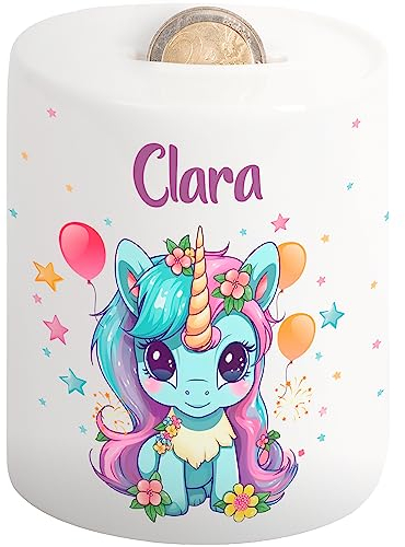 Süße Kinder-Spardose mit Namen – Sparschwein für Mädchen & Jungen – personalisiertes Geschenk zur Einschulung Taufe Geburtstag Weihnachten – Geldgeschenk-Verpackung Kinder (Einhorn, Sterne)