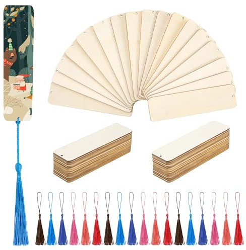 Blanko Holz-Lesezeichen DIY Leere Bastel-Lesezeichen Unbemalt Rechteckig Holz Hängeetiketten mit Mehrfarbige Quaste für Bücher, Weihnachten, Hochzeit, Geburtstag, Party-Dekoration 36 Stück