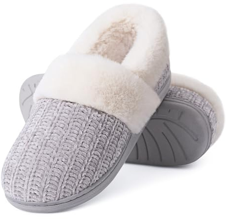 Evshine Fuzzy Memory Foam Slippers for Women Closed Back Knit House Shoes, Grey, 36-37 (Size 3-4.5)