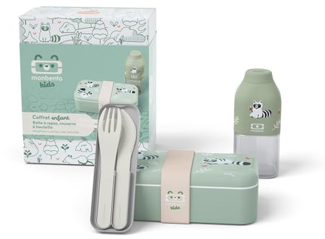 monbento - Geschenkbox Kinder Mittagessen - Mit Lunchbox MB Foodie Raccoon, Trinkflasche MB Positive S, Besteckset MB Pocket Color - Ideal für Mittagessen oder Snacks in der Schule/Park - Waschbär