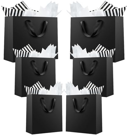 Offizon 12 schwarze Geschenktüten, Geschenktüten mit Seidenpapier (4 kleine 15,2 cm, 4 mittelgroße 22,1 cm, 4 große 32 cm), Papiertüten mit Griffen für Geburtstage und Feiertage