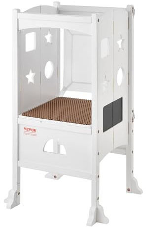 VEVOR Tour Observation Enfant Charge 56,75 kg Tour Apprentissage Montessori Pliable Bois Massif 3 Hauteurs Filet Sécurité pour Tout-petits, Chambre à Coucher, Salle de Bain, Comptoir de Cuisine, Blanc