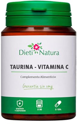 Dieti Natura 90 Cápsulas de Taurina con Vitamina C - Cápsulas 1000mg (2 al Día) - Complemento Deportivo Pre Entreno con Acción Energizante - Reduce la fatiga y Refuerza las Defensas