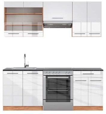 Vicco Küchenzeile Fame-Line, Weiß Hochglanz/Goldkraft Eiche, 200 cm, AP Anthrazit