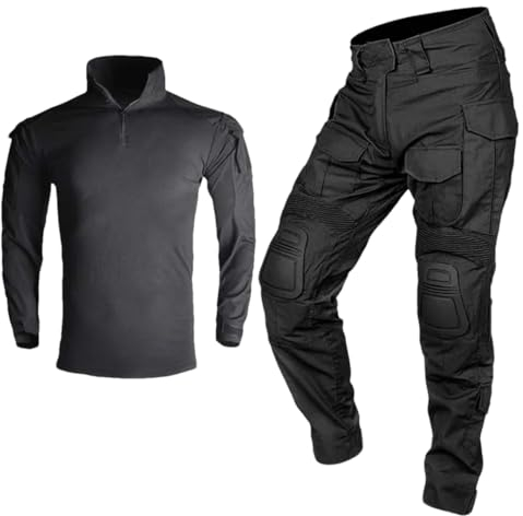 Taktische Anzüge für Herren, mehrere Taschen, Camo1, Kampf-Shirt, Cargohose, Reisen, Camping und Wandern, Sport-Set, Schwarz mit Pads, L