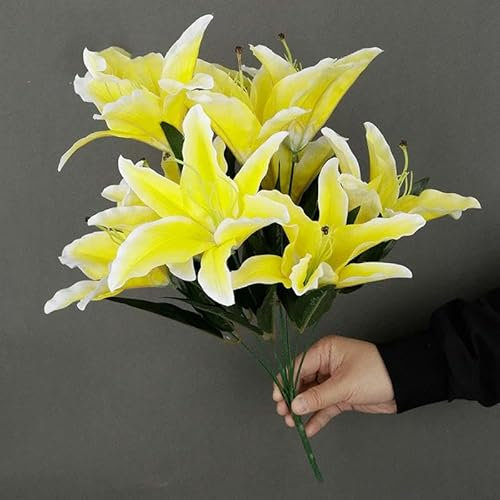 ZFISH 9 Köpfe/Zweig weiße Lilie künstliche Blume Simulation Blume dekorative Heimdekoration Lilienzweig gefälschter Blumenstrauß-gelb