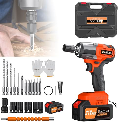 21V Cordless Impact Wrench 1/2Inch Battery Impact Gun, 550 N.m High Torque Brushless Power Impact Wrench 2500 RPM Electric Wrench with 6.0Ah Lithium Battery, 4 Sockets, 12 Screwdriver Bits, Tool Case