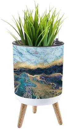 Pot de fleurs moderne de 35,6 cm avec pieds en bois massif, design abstrait bleu marbre, accents en feuille d'or, capteur de niveau d'eau, pot de fleurs décoratif pour plantes d'intérieur et