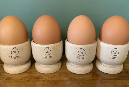 Set of 4 Personalised Chick Wooden Egg Cups – Name Engraved Breakfast Set for Kids, Family, Easter or Christmas