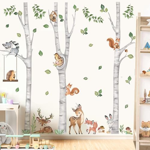 wondever Wandtattoo Baum Birke Groß Wandaufkleber Waldtiere Rehe Füchse Eichhörnchen für Kinderzimmer Babyzimmer