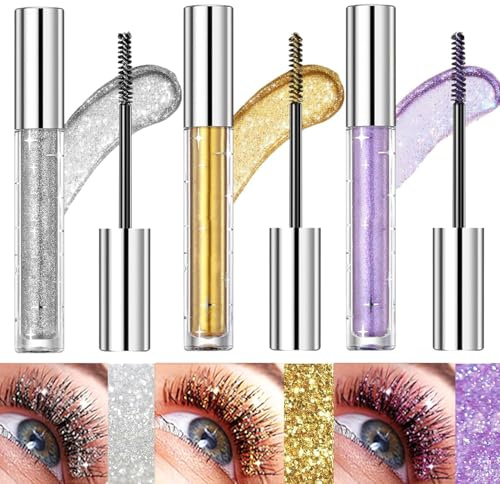 3 x glitzernde Mascara-Lidschatten, bunt, glänzend, verlängernd, wasserfest, langer Halt