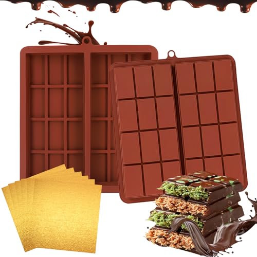 Schokoladenform Silikon Tief, 2 Stück Silikonform Schokolade, Dubai Schokolade Form, Schokoladentafel Silikonformen,Tiefe Schokoform,Chocolate Mold, Schokolade Gießform mit 50Pcs Folie Papier Wrapper
