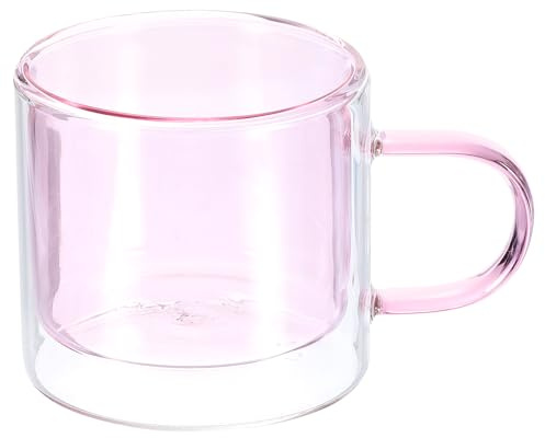 sourcing map 8.4 oz Double Wall Glass Coffee Mugs, Glass Tea Cup with Widened Handles for Espresso Coffee, Cappuccino, Tea Bag, Latte, Hot Cold Beverages, Juice, Pink
