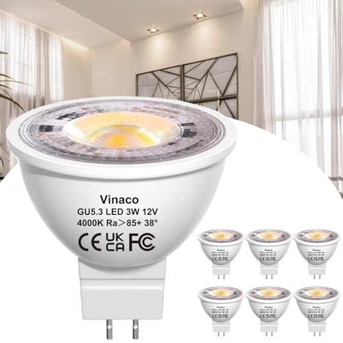 Vinaco LED Glühbirne MR16 4000K Naturweiß, 6er Pack Langlebig GU5.3 LED 12V 20W Ersatz, Flimmerfrei 300LM MR16 3W, Nicht Dimmbar MR 16 GU5.3 38°-Strahler für Innen- und Außenanwendungen
