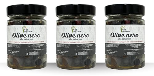 Olive Nere Infornate alla Calabrese - Ideali per Piatti Tipici e Aperitivi - Vasetto da 200g - Val D'Esaro (3 Vasi da 200g cad.)