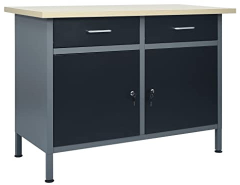 Werkbank mit 2 Schubladen und 2 Türen, 500kg Tragkraft, Montagewerkbank(höhenverstellbare Füße), Werktisch, Arbeitstisch für Werkstatt und Garage, 120 x 60 x 85 cm, Stahl
