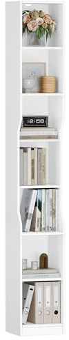 HEXCELEN Bibliothèque, Étagère à 7 Niveaux, Bibliothèque Étroite, Etagère Cube, Meuble de Rangement Livres, pour Bureau, Salon, Chambre, 28 × 30 × 208,1 cm, Style Moderne, Blanc