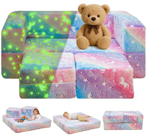 Lamerge Toddler Couch Glow in The Dark Toddler Fold Out Couch for playroom, Convertible Baby Fold Out Play Foam and Floor Cushion for Bedroom (Rainbow+Unicorn)