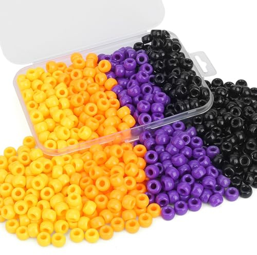 Sahoottie Halloween Pony Beads 500 Stück 6 x 9 mm Schwarz Dunkelorange Hellorange Lila Pony Perlen für Armbänder Zöpfe Haarperlen Basteln Party Dekoration Bunte Perlen zum Auffädeln