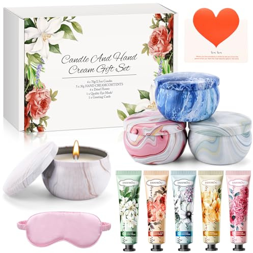 BBWELL Coffret Cadeau Femme avec 4 Bougies Parfumées Naturelles & 5 Crèmes pour Les Mains,Masque pour Les Yeux et Carte - Idée Cadeau Noël,Anniversaire,Fête des Mères pour Maman,Petite Amie,Sœur