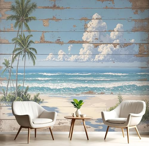 Tropical Beach Palm Trees Wallpaper 150×105 Cm Wallpaper 3D Effect for Living Room Fireplace Feature Wall Bedroom Ceilings Kitchen, Retro Distressed Style Mural Home Decor Sky Blue