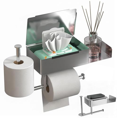 Kinberry Toilettenpapierhalter Ohne Bohren, Edelstahl Klopapierhalter, Toilettenpapierhalter mit Feuchttücherbox und Verlängerungsplatte, Geeignet für Toilette, Badezimmer, Silber