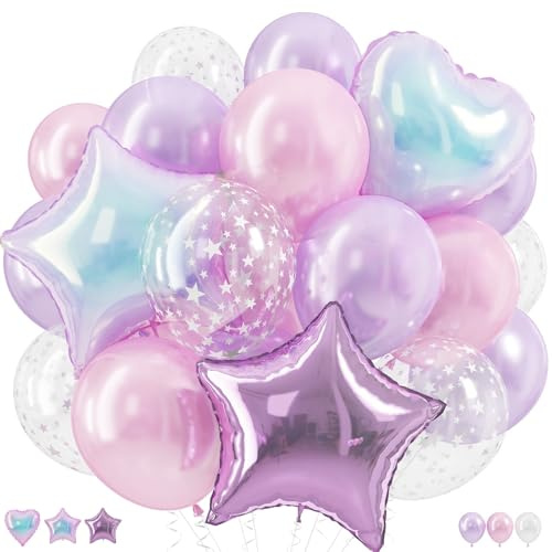 Palloncini rosa e viola, rosa pallido pastello viola chiaro lilla trasparente stella palloncino in lattice con cuore iridescente lavanda stella palloncini in lamina per Kpop festa di compleanno baby