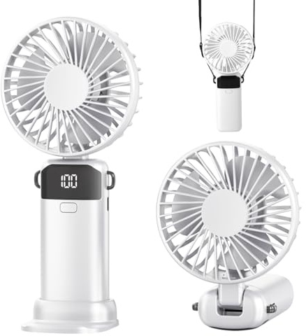 Jumkeet Handheld Fan, Mini Portable Foldable Fan with USB Rechargeable Battery 2600mAh, 5 Speeds Battery Operated Desk Desktop Fan with LED Display & Base for Home Office School Travel Outdoor (White)