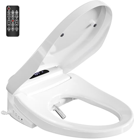 Baotree Asiento de inodoro eléctrico con control remoto, asiento de inodoro con calefacción, secador de aire caliente, tapa cerrada suave, luz nocturna, pantalla LED, autolimpieza, boquilla de acero
