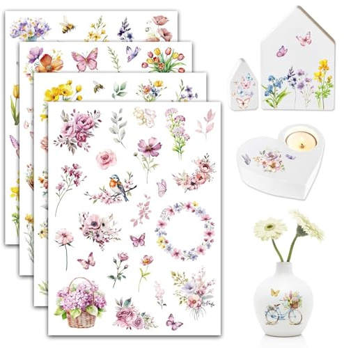 4 Blätter Rub On Sticker Bunte Frühling Blumen Schmetterling Folie Transferaufkleber Blumenblätter Pflanze Vogel Rub Ons Sticker für Scrapbooking Möbel Glas Holz Keramik Geschenke Deko