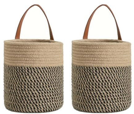 2er Set Hängekorb Kleiner Korb Aus Baumwollseil, Wandkörbe Zum Aufhängen | 16x18cm Geflochten Aufbewahrungskorb Mit PU-Leder Griff, Wandorganizer Hängende Pflanzkorb für Bad, Küche & Zimmer