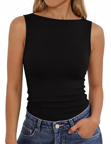 Aottori Canotta Donna Scollo a Barca Elegante Tank Top Senza Maniche Estiva Coste Canottiera Lunga Basic Slim Fit T Shirt Elasticizzata Tops Casual Nero XL