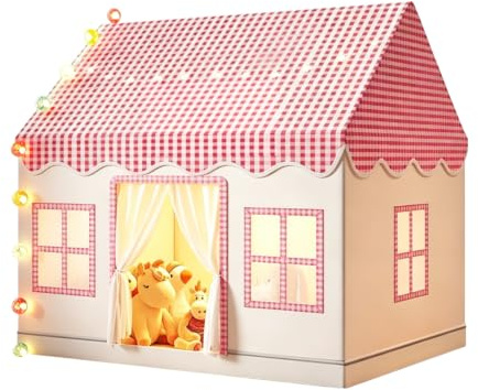 Kids Play Tent, Large Pink Gingham Playhouse with Breathable Windows, Indoor Outdoor Castle Toy Hut for Girls, Perfect Birthday Present, Party Decoration, Children's Secret Base Play Tent