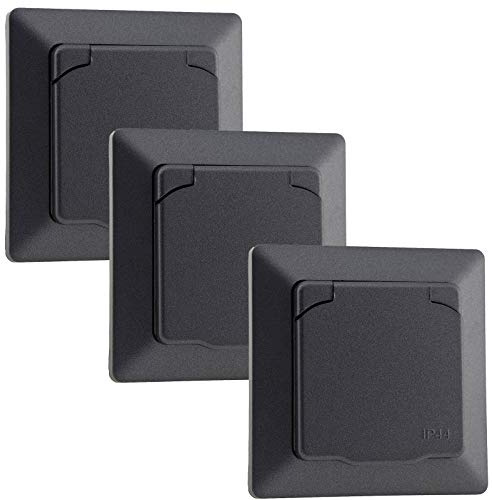 ChiliTec IP44 Unterputz Steckdose Milos 3 Stück Anthrazit | Klapp-Deckel, Gummidichtung, 230V / 16A, 1-fach Rahmen, Aussensteckdose