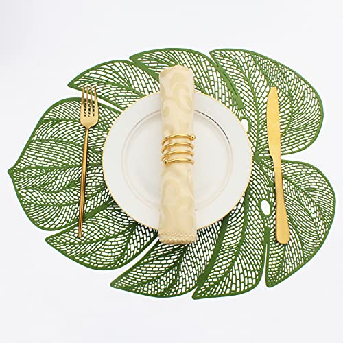 Evevda Grüne Blattförmige Vinyl-Tischsets für den Esstisch, Set mit 6 metallischen Kunststoff-Tischsets, abwischbar, 6 Stück, Tischmatten für Hochzeit, Annersary, Abendessen, Tischdekoration (45 x 35