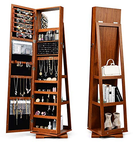 GOPLUS 3 in 1 Schmuckschrank mit spiegel, Spiegelschrank stehend, 360°drehbar, abschließbar, Standspiegel Schmuck Organizer mit großem Stauraum & Ablagefächern für Schlafzimmer (Rotbraun)