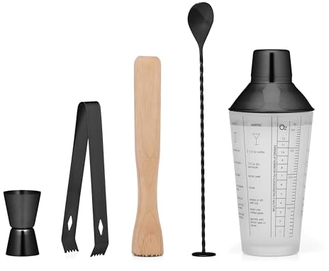 Thirstystone - Juego de Herramientas de Mezcla de 5 Piezas, Accesorios de Bar para el hogar Moderno, Incluye coctelera de Recetas de Vidrio Esmerilado con colador, Tapa de Acero Inoxidable, Recetas e