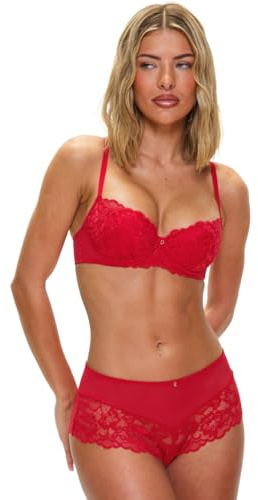 Ann Summers Sexy Lace Padded Balcony Bra, Fuller Bust DD+, A-G Cup, Curve-Enhancing Womens Underwear with Push-Up Cups, Underwire Support & Removable Pads Red - Womens Lingerie