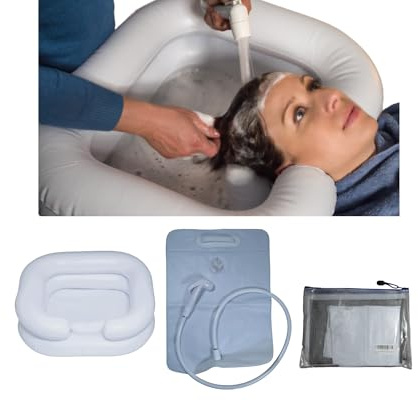 Lavabo gonflable pour les cheveux avec coussin intégré, réservoir d'eau, douchette. Bac à shampoing/lave-tête domicile pour personne alitée, handicapée ou âgée pour réaliser un shampoing