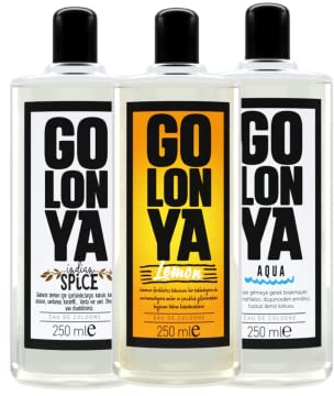 Golonya - AQUA - LEMON - SPICE - Eau de Cologne Dreierpack - Kolonya 3x250ml Flasche - Kölnischwasser Erfrischend, Intensiv, Marine, Zitrone, Gewürze Duft - Unisex