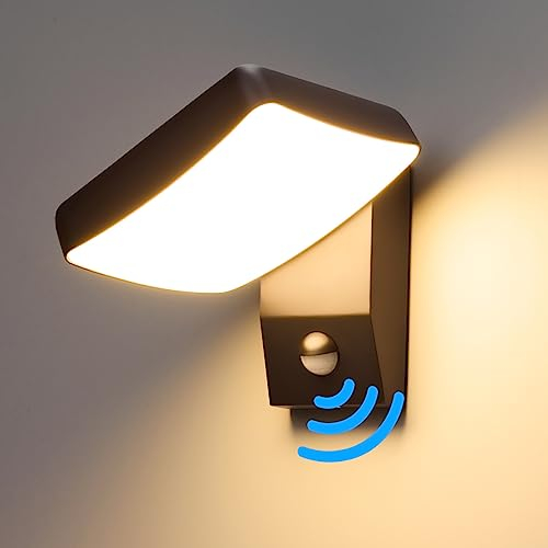 BOJIM IP65 LED Aussen Wandleuchte mit Bewegungsmelder, Wand Außen Lampe Beleuchtung, Innen Schwarz Wandlamp Light, Leuchte für Flur Haus Terrase Treppenhaus, Warmweiss Licht, Schwenkbar Lampen, 18W