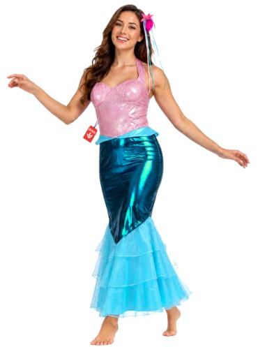 Fun Shack Deguisement Sirene Femme, Costume Sirene Halloween Femme | Robe Bleue Effet Queue de Poisson & Bandeau, Look de Créature des Océans, Parfait pour Halloween, Idéal pour se Déguiser