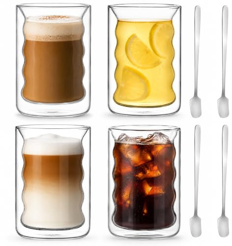 RHtvrll Doppelwandige Gläser mit Löffel, 350ml Latte Macchiato Gläser Spiralförmig Kaffeegläser Cappuccino Kaffeebecher Espressotassen für Tee, Milch, Eiscreme (4er)