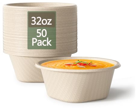 Homestockplus 32 Oz Deep Disposable Bowl, Paper Bowls Disposable Heavy Duty Compostable Bowls, Eco-friendly Sugarcane Bagasse Biodegradable Bowl for Soup, Salad, Dessert [50 Pack]