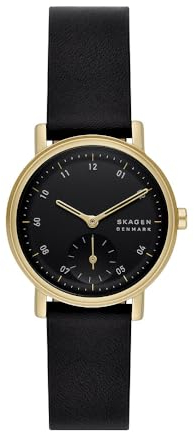 Skagen Kuppel Uhr für Damen, Quarzwerk mit Edelstahl- oder Lederarmband, Schwarz und Goldton, 32MM