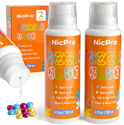 Nicpro Puzzlekleber 120 ml × 2, Puzzle Kleber Transparent mit Schwammkopf, konserviert fertige Puzzles, schnelltrocknend, ungiftig und wasserlöslich, Puzzle Glue für 1000/2000/3000/5000 Teile