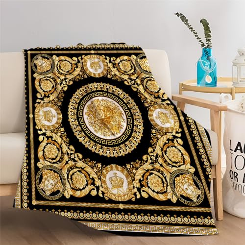 Quixora Kuscheldecke Goldenes Retro-Muster Flauschig Fleecedecke als Sofadecke Couchdecke Wohndecke Weiche & Warme Sofaüberwurf Decke 180 x 200 cm